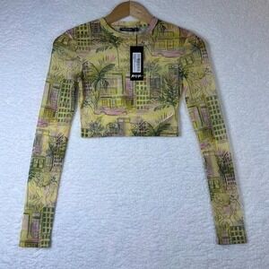 Nasty Gal Sheer Mesh Crop Top US 2 Lemon City Print Y2K NWT
